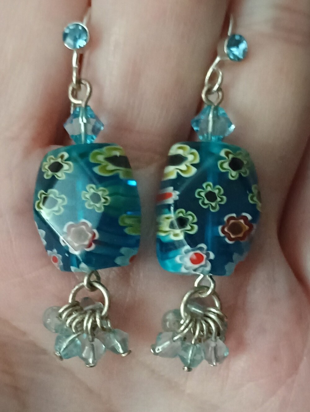 Handmade Blue Floral Millefiori Glass Drop Earrings